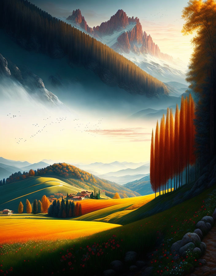 Scenic landscape with golden fields, autumn trees, misty mountain, and sky with birds