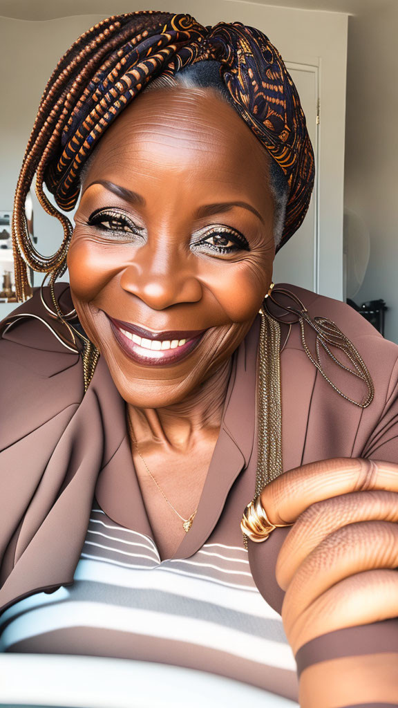 Smiling woman with braided hair and headscarf in brown outfit