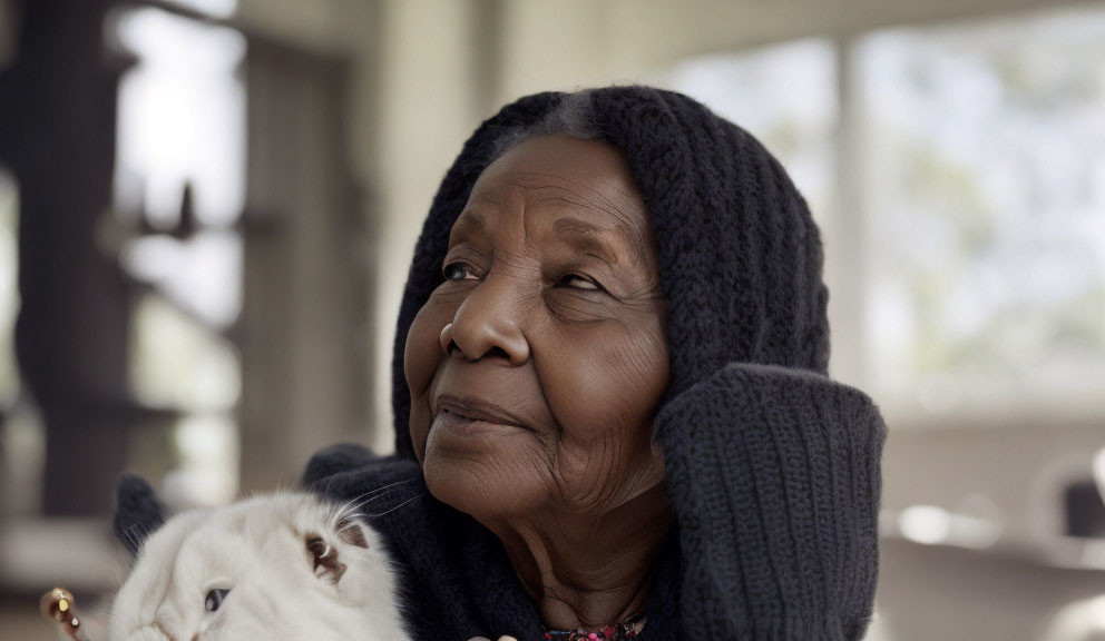 Elderly woman in knitted hat with content smile holding white cat