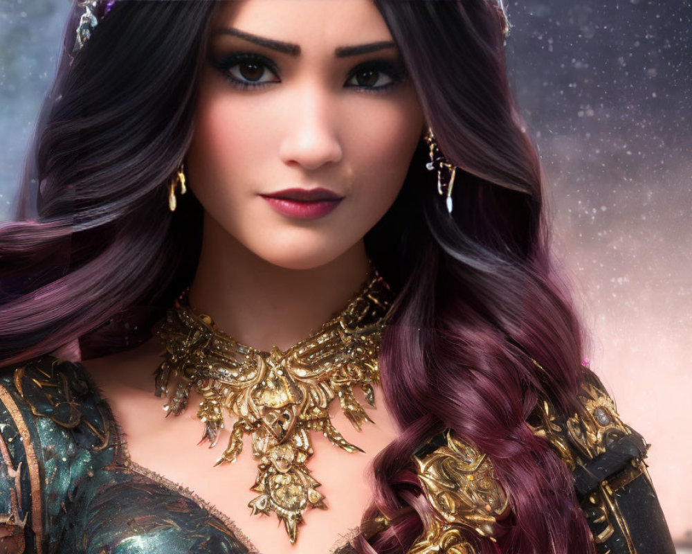 Dark-haired woman with striking makeup in digital portrait, wearing gold necklace and tiara against cosmic backdrop