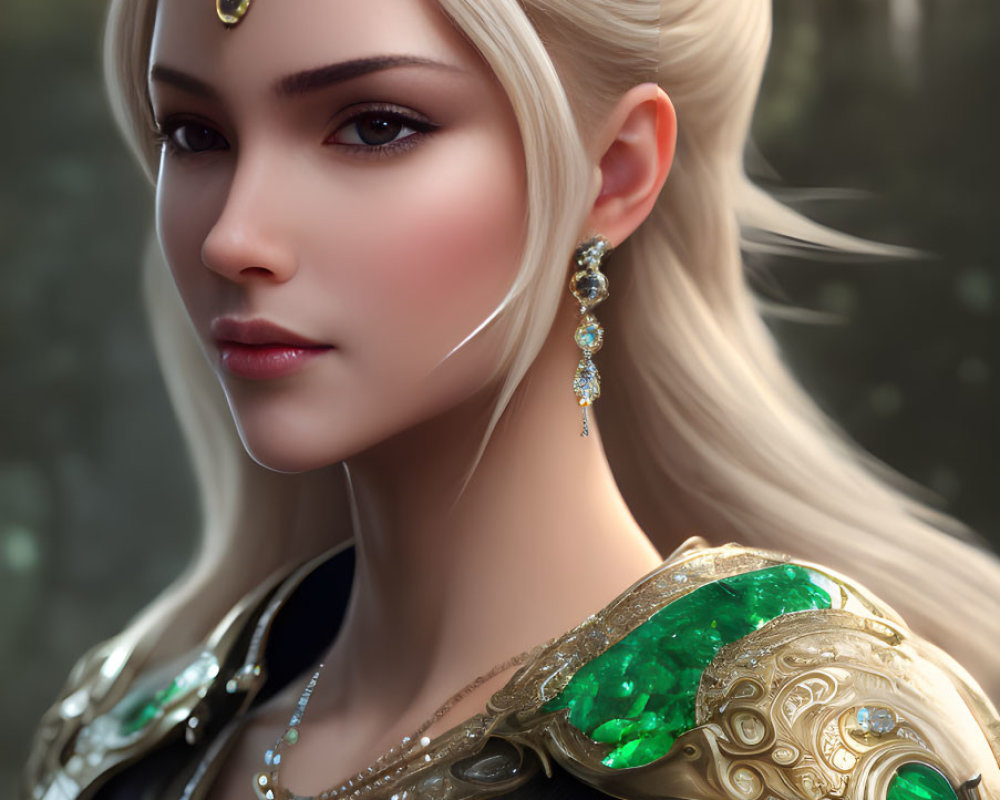 Regal woman in golden crown and green gemstone armor in forest setting