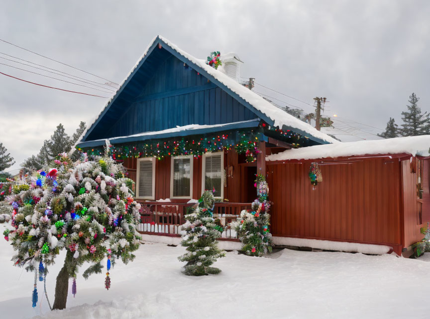 Blue Roof, Red Walls, Christmas Lights: Snowy Winter Scene