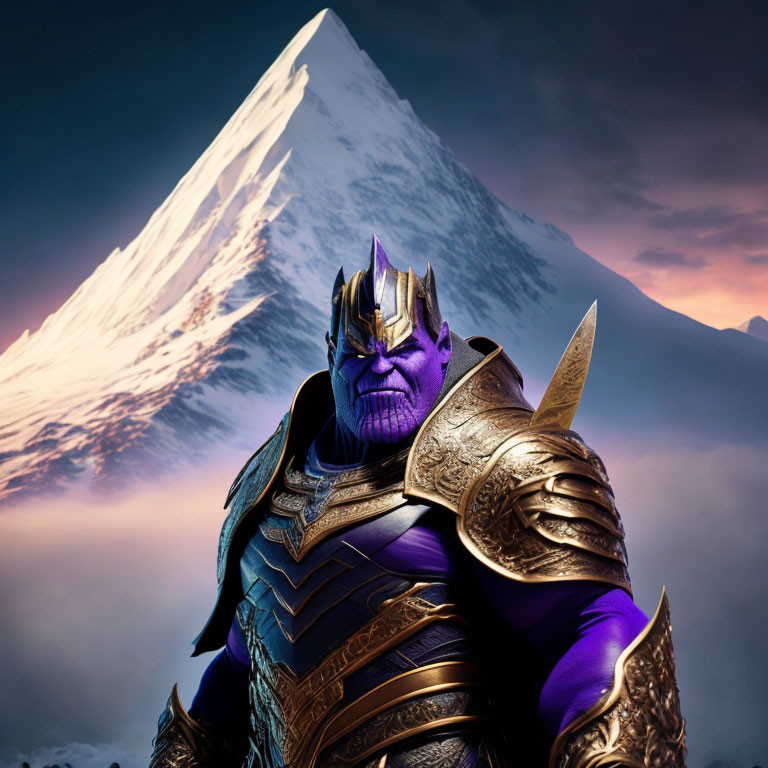 Purple Armored Figure Stands Before Snow-Capped Mountain at Dusk