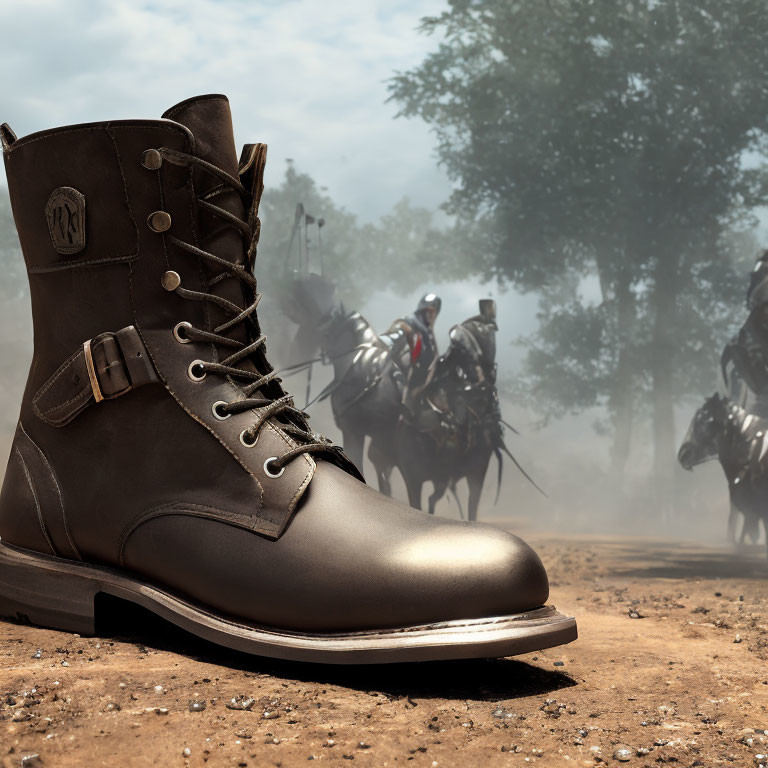 Close-up of Leather Boot with Blurry Mounted Soldiers in Dusty Background