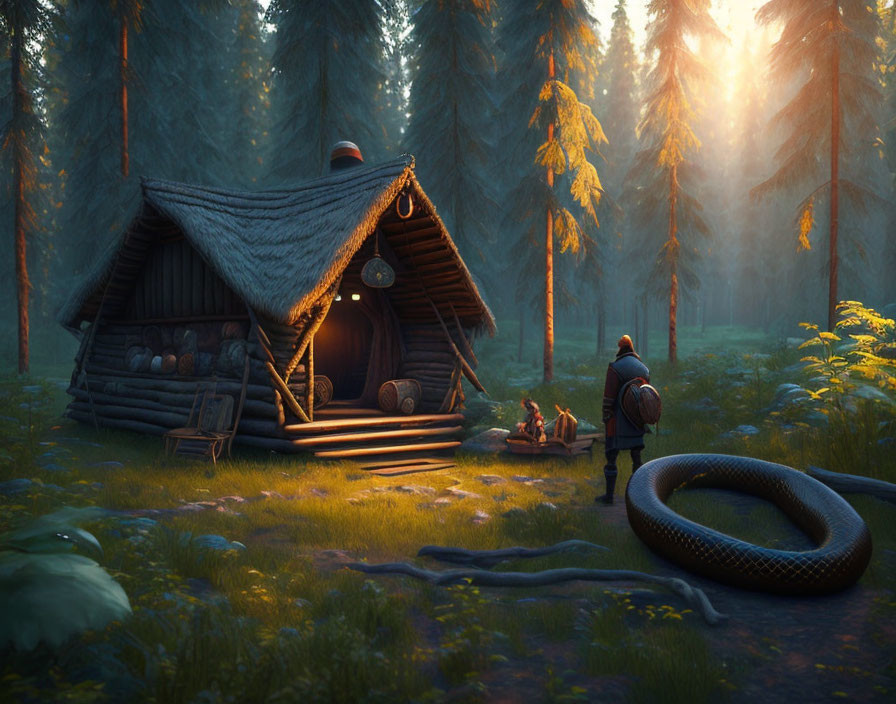 Knight near wooden cottage with giant snake in mystical forest at sunrise