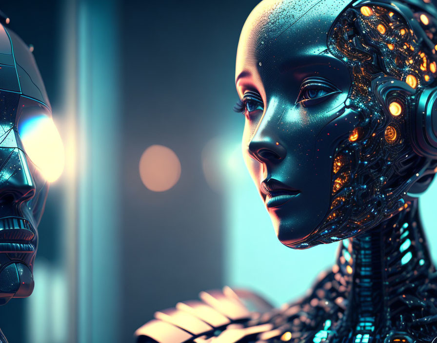 Detailed Robot Faces in Profile on Blue Bokeh Background