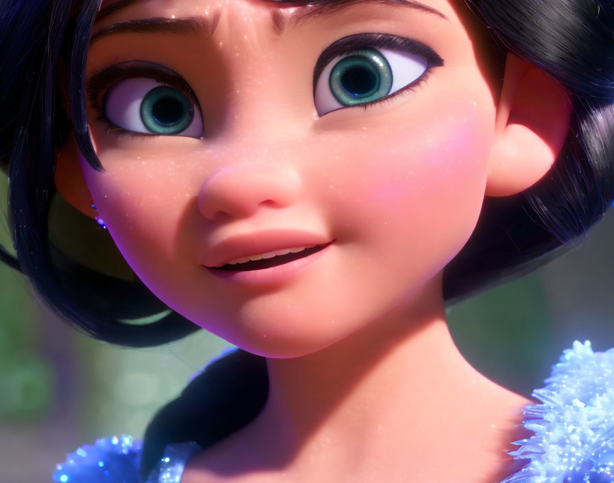 Detailed depiction of animated female character with green eyes, dark hair, sparkles, and blue attire