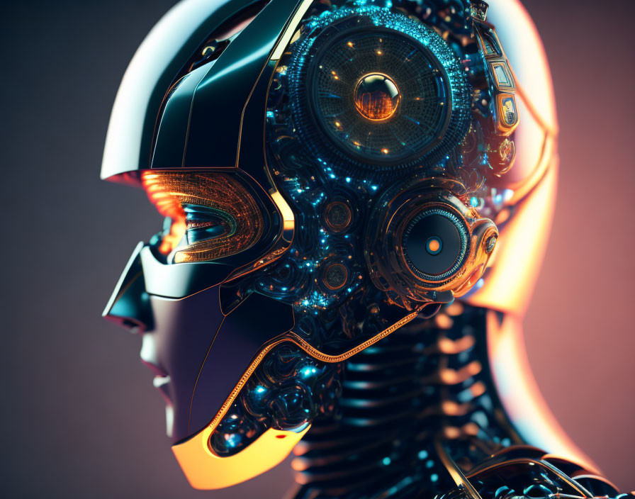 Detailed Robot Head Profile with Black-and-Gold Helmet