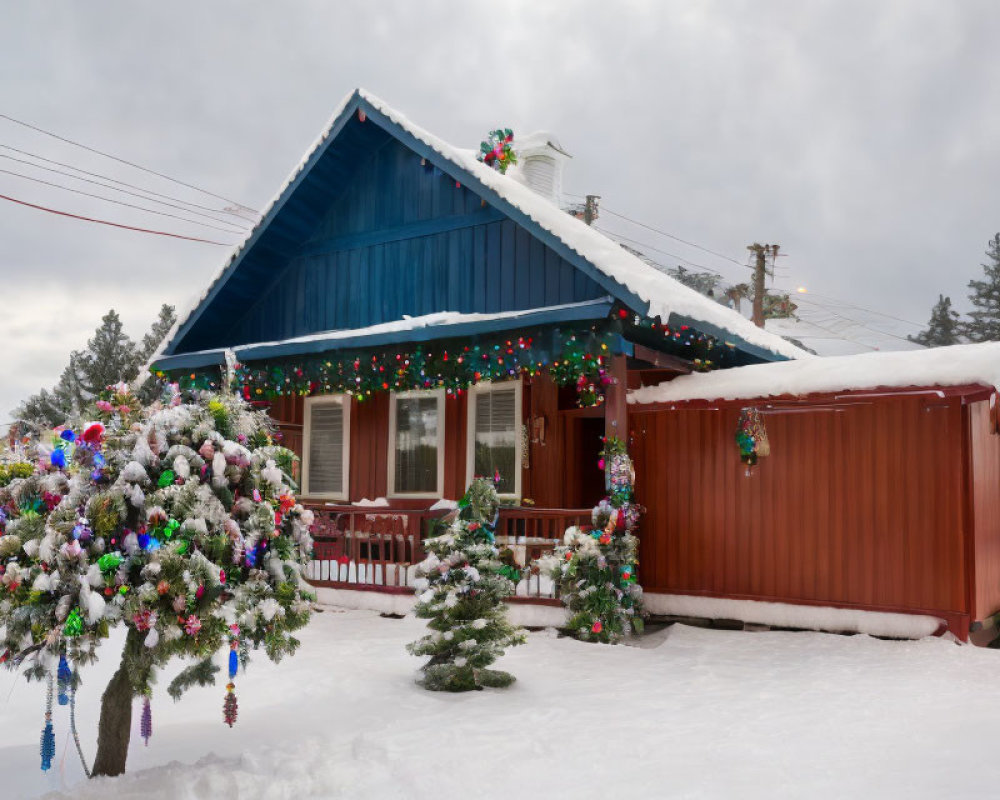 Blue Roof, Red Walls, Christmas Lights: Snowy Winter Scene