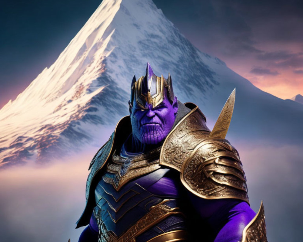 Purple Armored Figure Stands Before Snow-Capped Mountain at Dusk