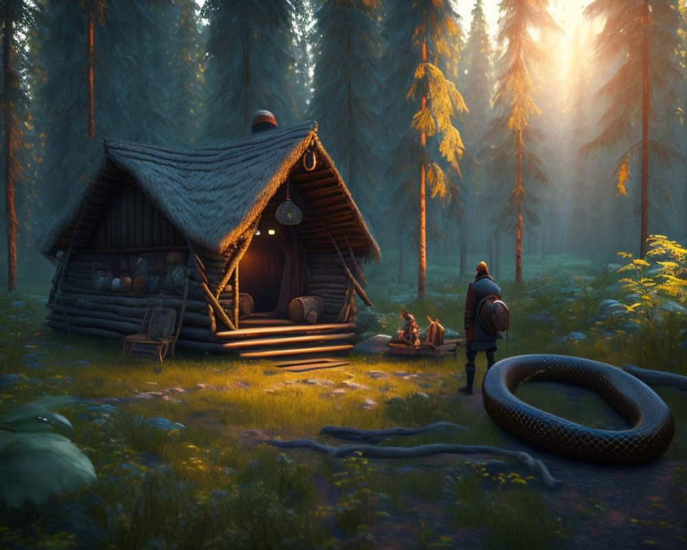 Knight near wooden cottage with giant snake in mystical forest at sunrise