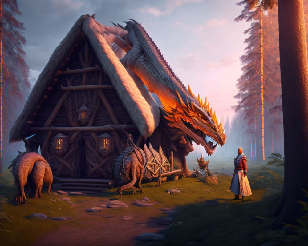 Dragon beside wooden house in mystical forest with knight and creatures at twilight