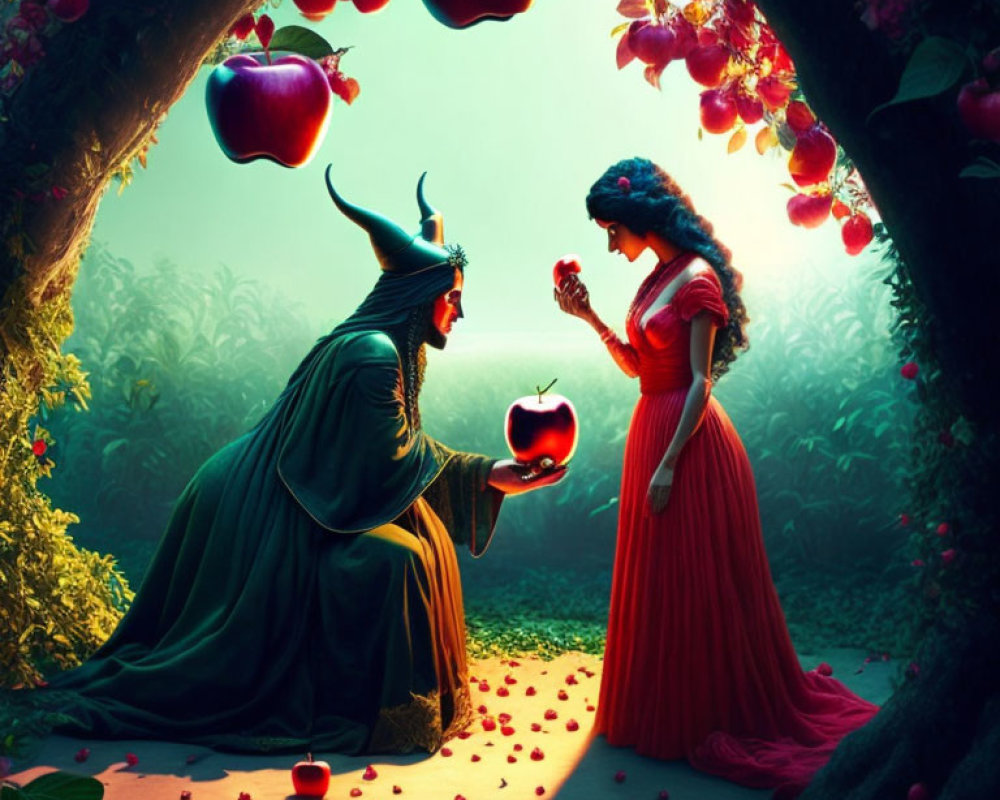 Mysterious cloaked figure and woman in red dress in enchanting apple grove