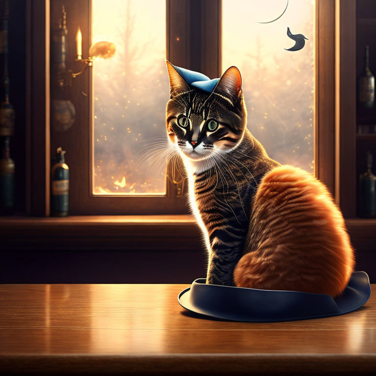 Tabby cat in blue hat on table gazes at golden-lit scene with floating dandelion