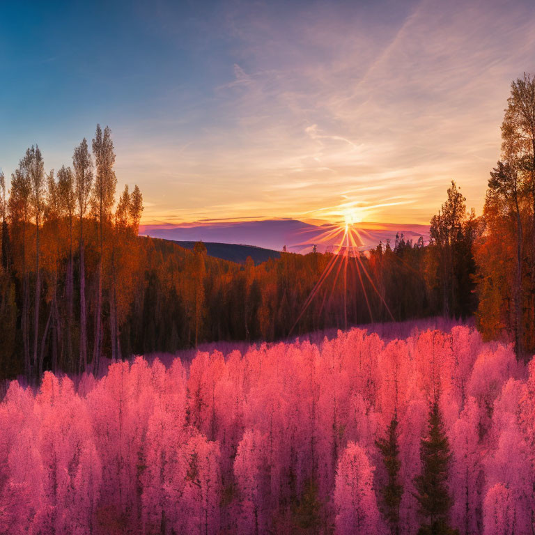 Vibrant sunset over autumn forest with pink and purple trees