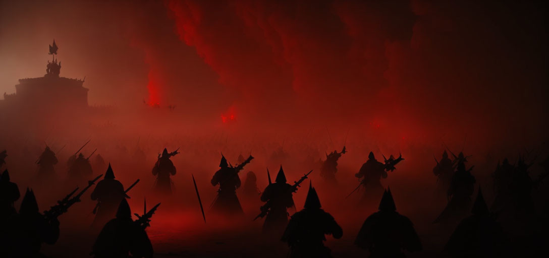 Warriors silhouetted against fiery sky with looming castle