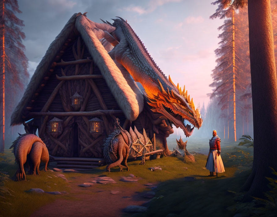 Dragon beside wooden house in mystical forest with knight and creatures at twilight