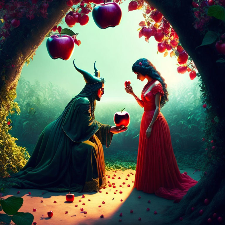 Mysterious cloaked figure and woman in red dress in enchanting apple grove