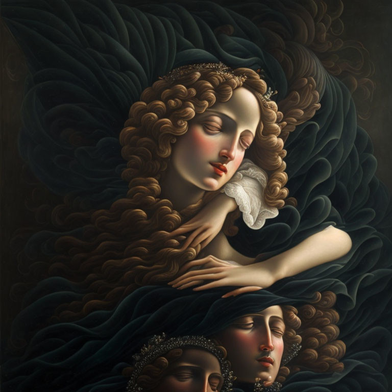 Portrait of Woman with Curly Hair and Jewel, Serene Faces Below