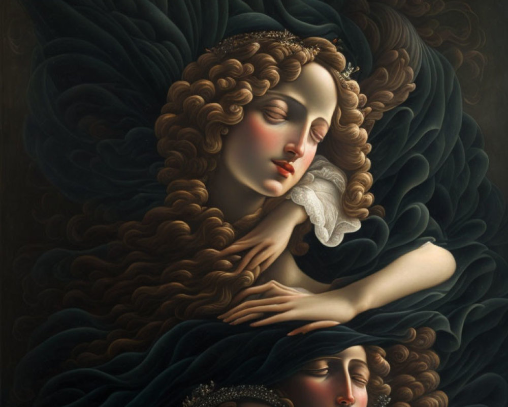 Portrait of Woman with Curly Hair and Jewel, Serene Faces Below