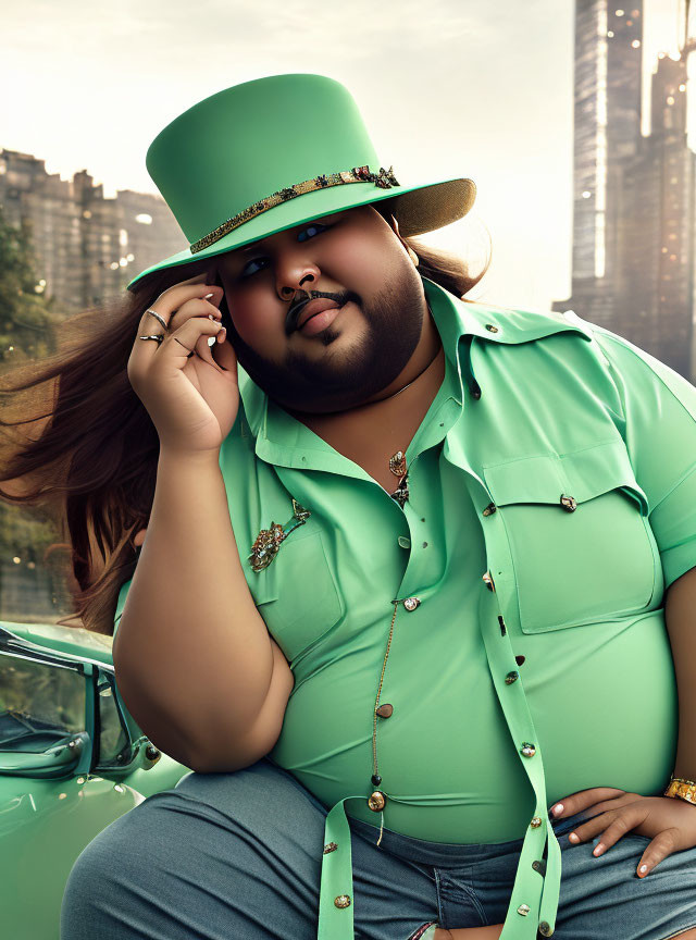 Stylized person in green outfit poses with classic car in urban setting