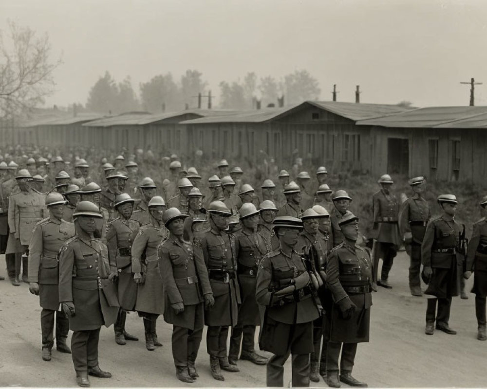 Historical black and white photo: Soldiers marching in formation with buildings.