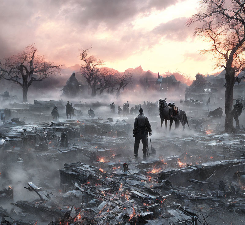 Silhouette of person and horse in smoldering ruins under dusky sky