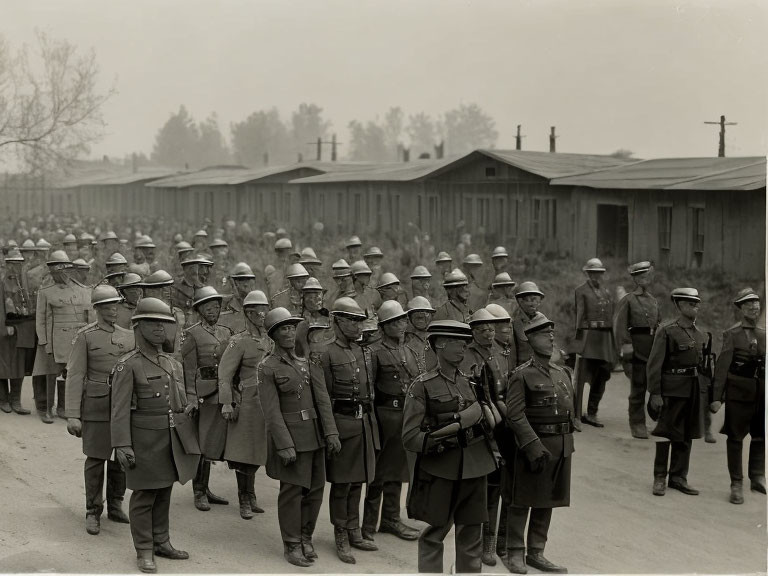 Historical black and white photo: Soldiers marching in formation with buildings.