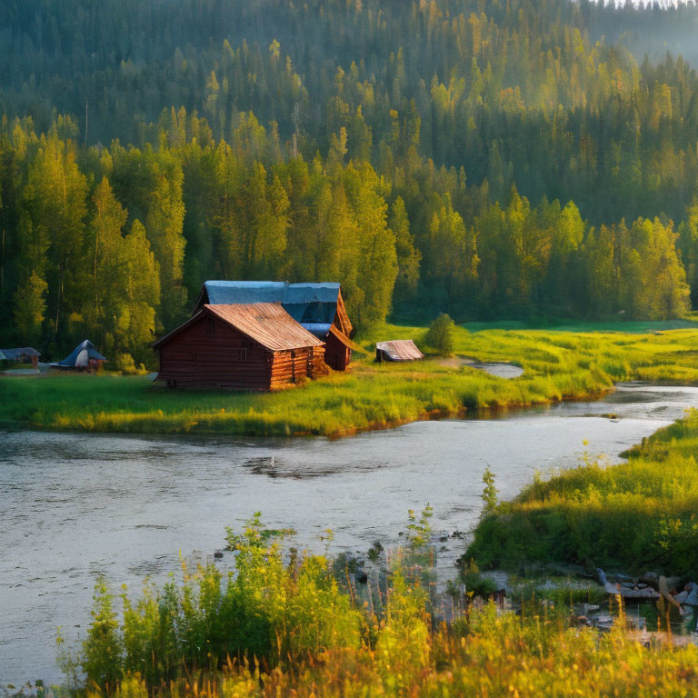 Tranquil riverside landscape with wooden cabin and lush green trees