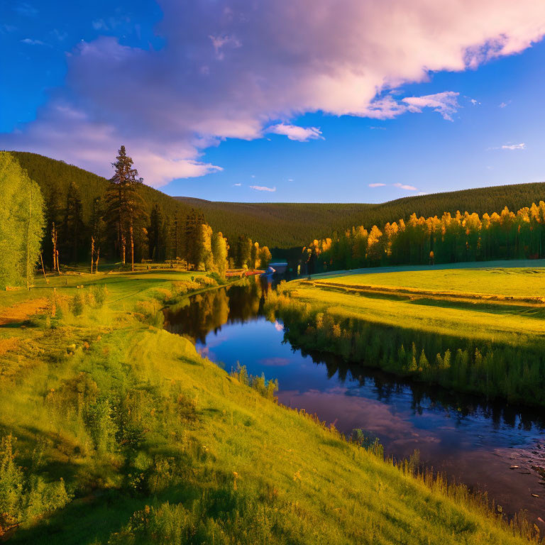 Scenic sunset river with lush green trees and golden sunlight