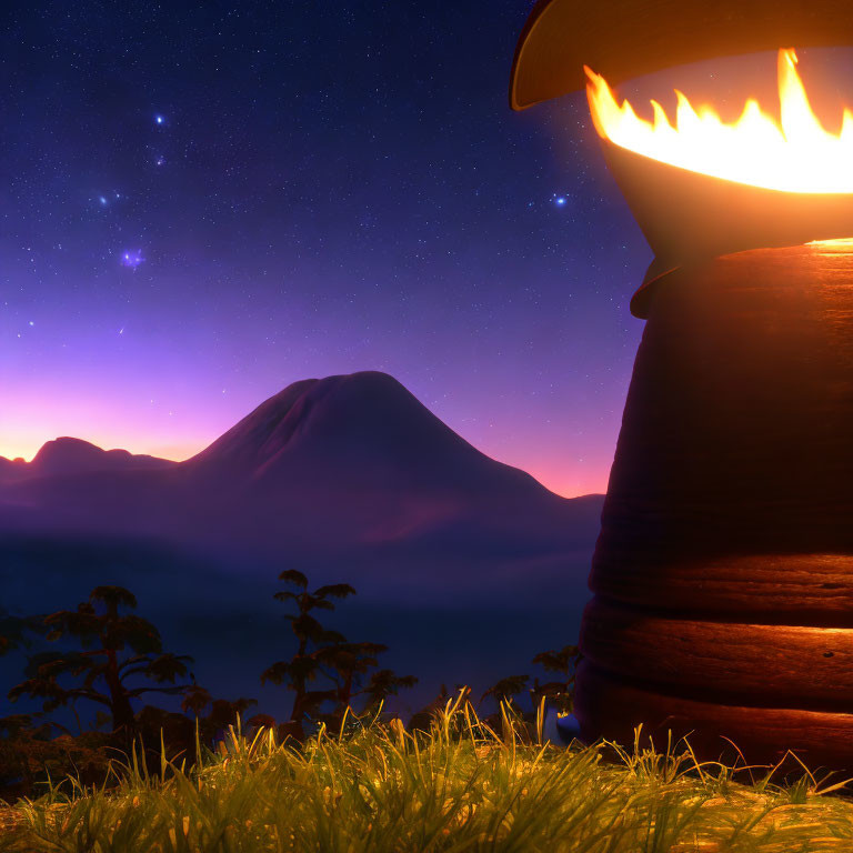 Clay lantern with twilight sky, stars, mountains, and trees