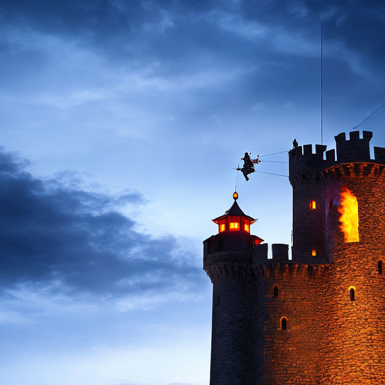 Stone castle at dusk with lit beacon and zip line silhouette in dramatic sky