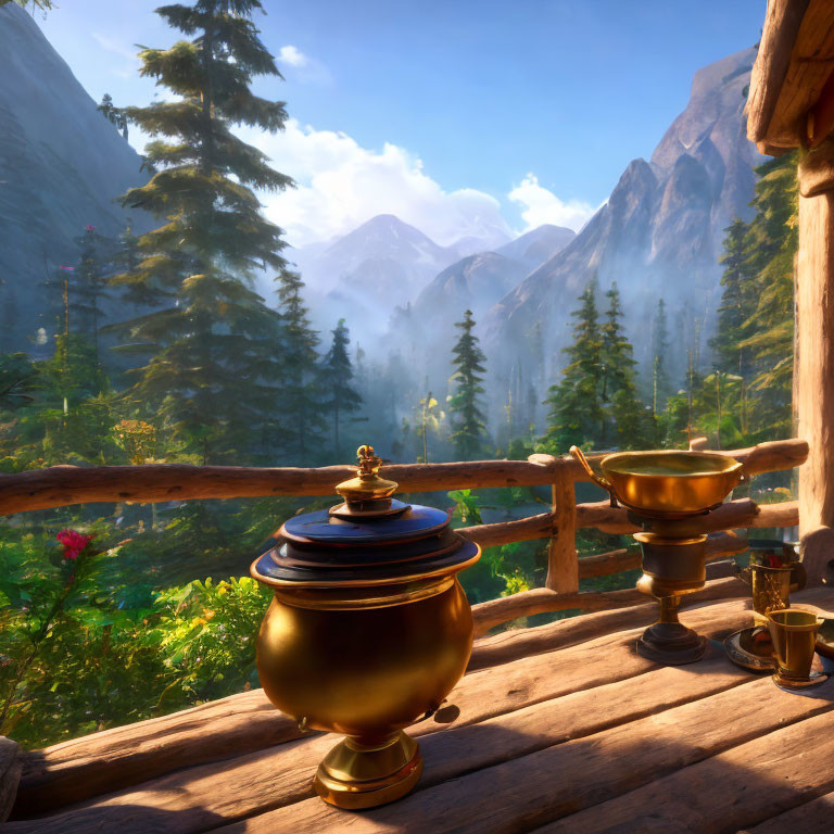 Mountain View from Wooden Balcony with Samovar and Teacups