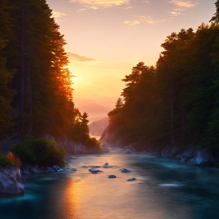 Serene river at sunset in forested canyon