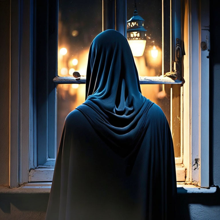 Hooded figure with lantern gazes out window at night