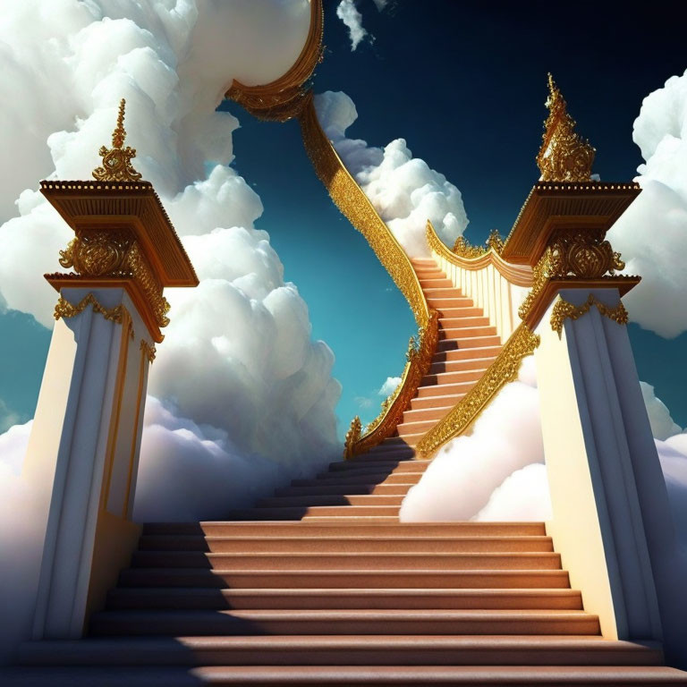 Ornate golden staircase between pillars in cloudy sky