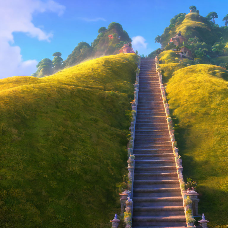 Stone Staircase Ascending Verdant Hillside to Houses