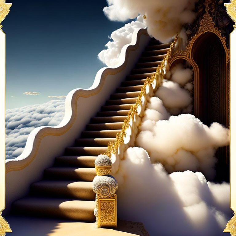 Golden staircase ascends into fluffy white clouds