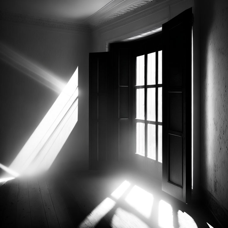 Monochrome image: Sunlight through open door, casting shadows