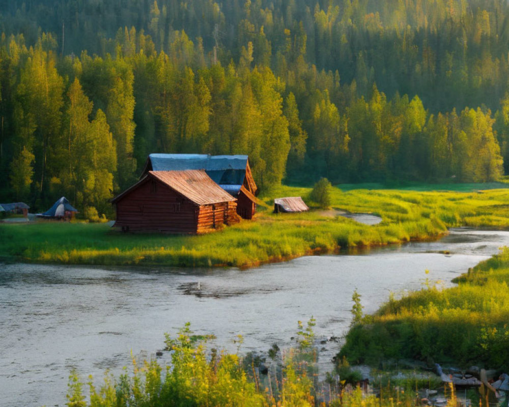 Tranquil riverside landscape with wooden cabin and lush green trees