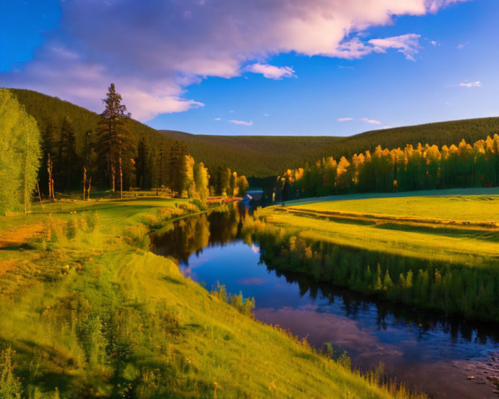 Scenic sunset river with lush green trees and golden sunlight