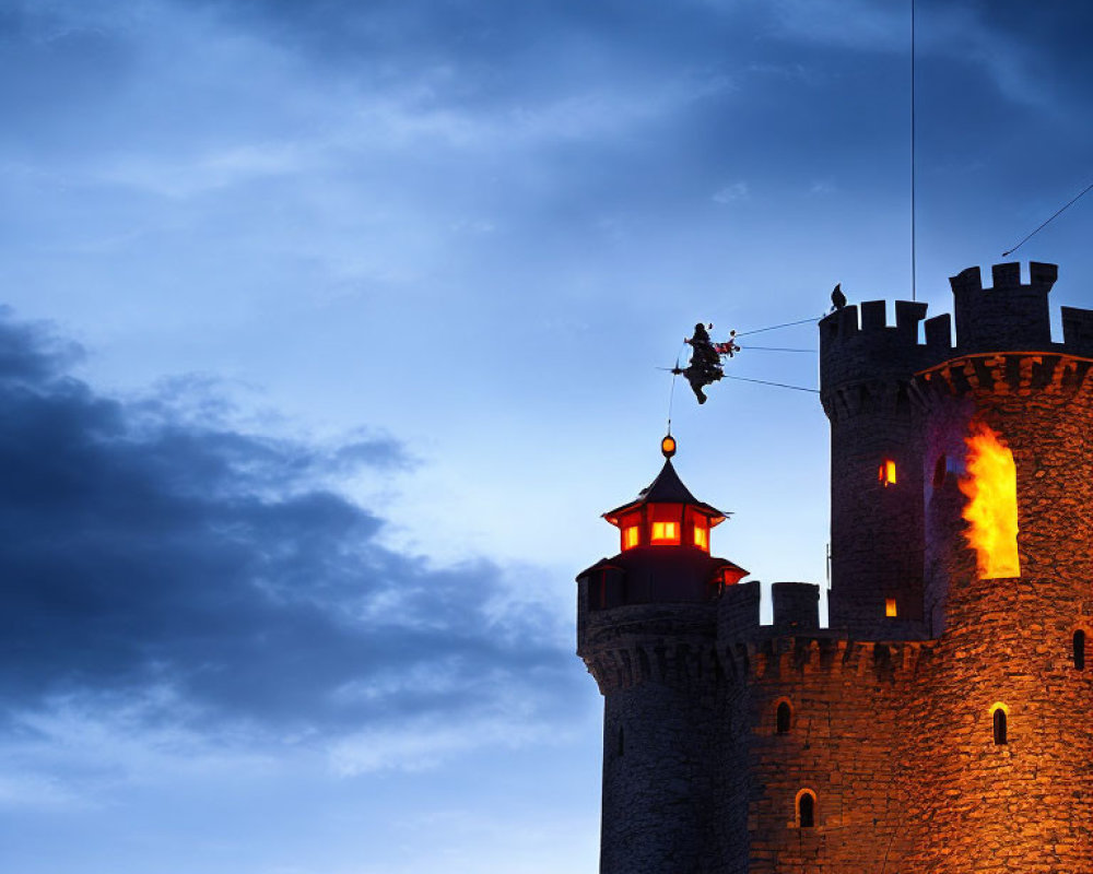 Stone castle at dusk with lit beacon and zip line silhouette in dramatic sky