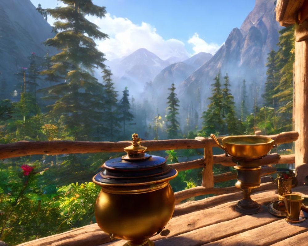 Mountain View from Wooden Balcony with Samovar and Teacups