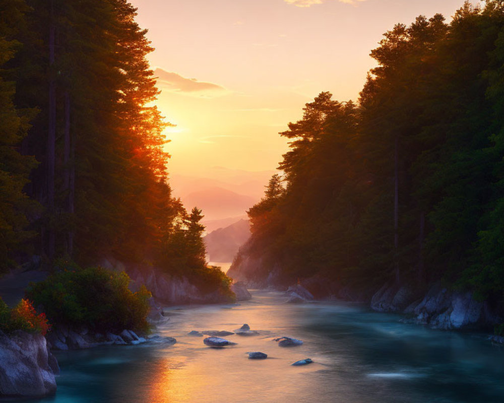 Serene river at sunset in forested canyon