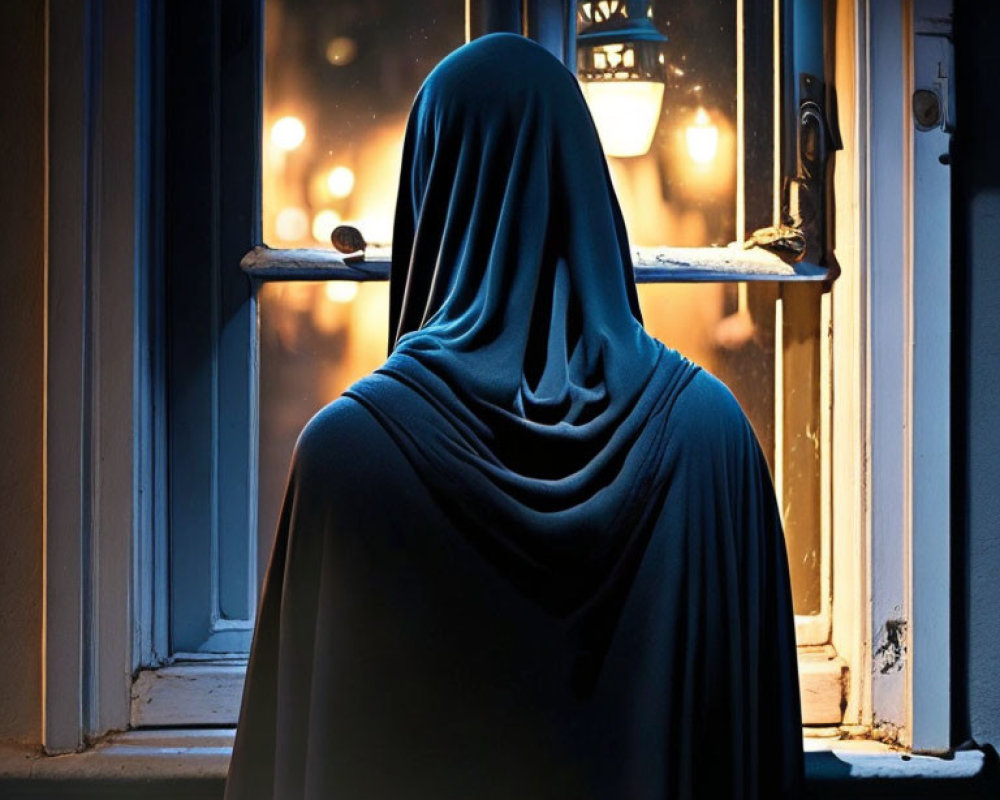 Hooded figure with lantern gazes out window at night