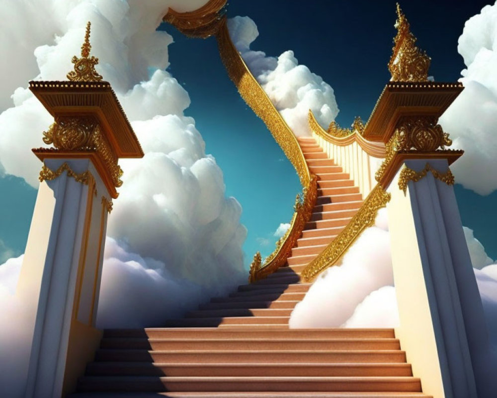 Ornate golden staircase between pillars in cloudy sky