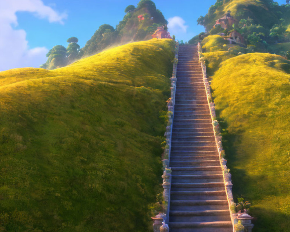 Stone Staircase Ascending Verdant Hillside to Houses