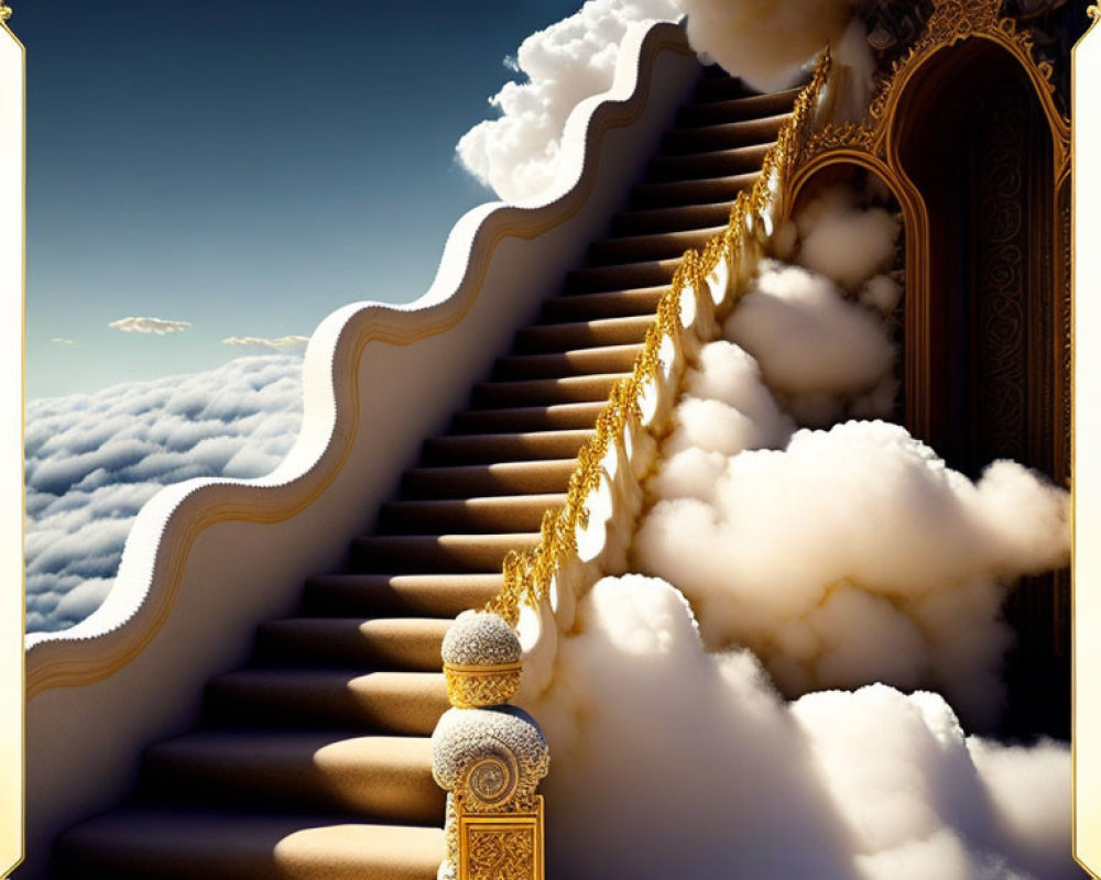 Golden staircase ascends into fluffy white clouds