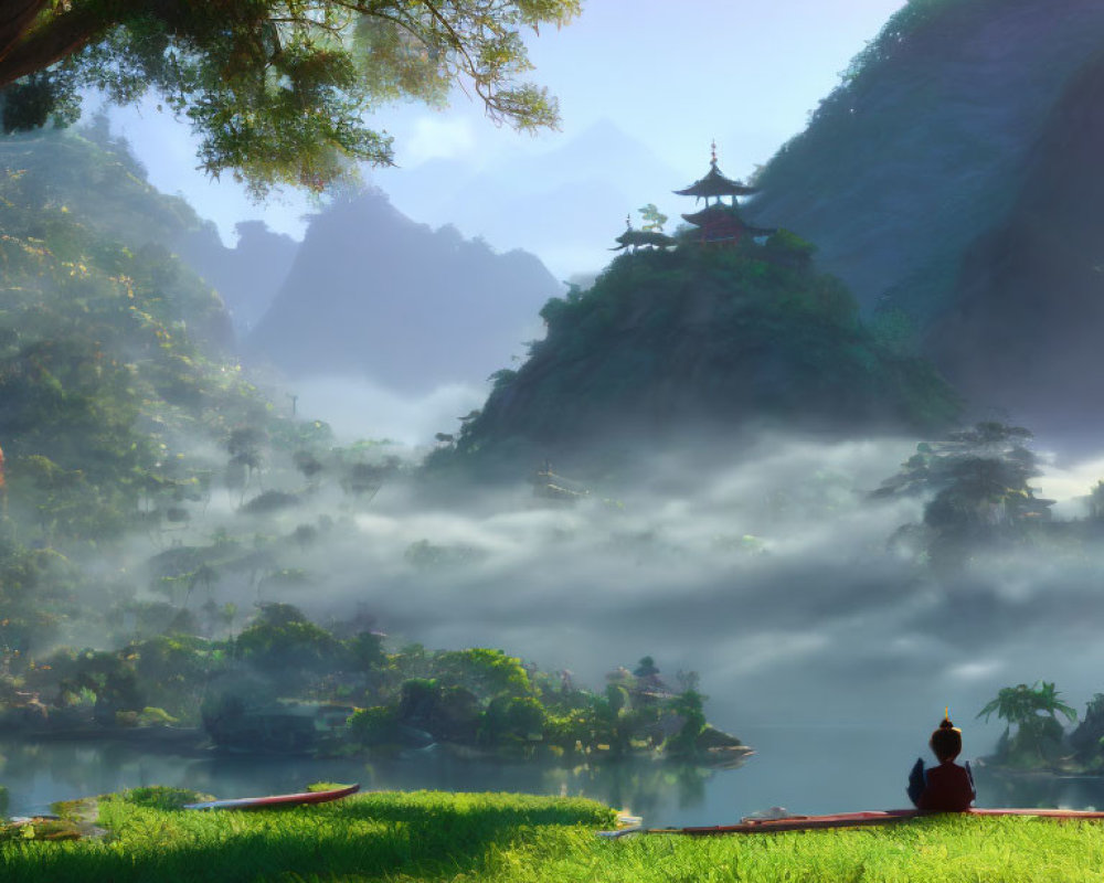 Tranquil landscape with person in boat, misty lake, pagoda, hills & mountains