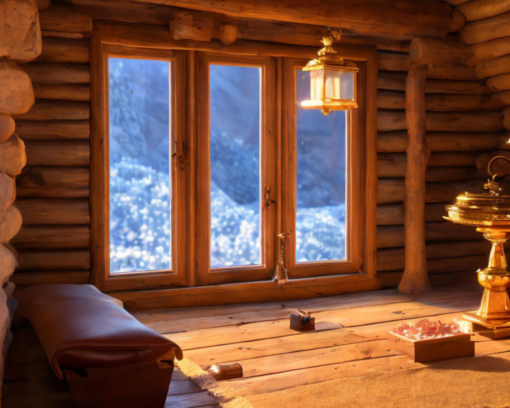 Rustic wooden cabin interior with warm lighting and snowy view at night